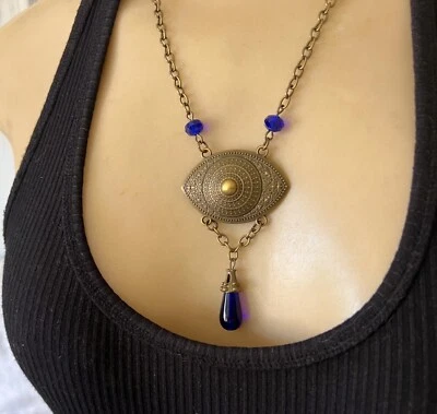 Collar Mal de Ojo con Colgante de Vidrio Checo Azul Vintage Protección Talismán Joyería Foto 1 de 4