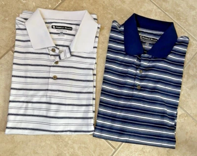 Set of 2 Men's Size XL Pebble Beach Performance Blue & White Striped Polo Shirts - Image 1 of 4