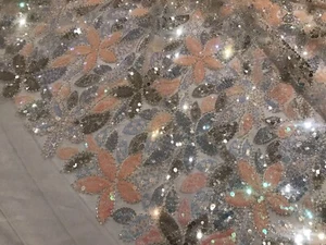 Peach Blue Silver Embroidery sequin Bead W/white Mesh Lace fabric 50” Width 1 Yd - Picture 1 of 11