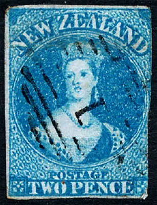 NZ, CHALON, QV, 2d AZUL PROFUNDO SOBRE AZUL, 1856 SG 5, USADO BIEN, CAT $1,000 Foto 1 de 2