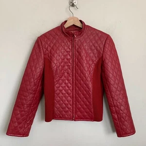 Clothes By Revue Jacket Red Lamb Leather Quilt Design Zip Knit Side Panels Sz 4 - Picture 1 of 8