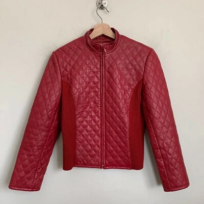 Clothes By Revue Jacket Red Lamb Leather Quilt Design Zip Knit Side Panels Sz 4 - Image 1 of 4