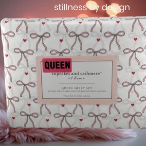 Cupcakes & Cashmere Pink Bows And Hearts QUEEN SIZE Sheet Set Coquette NEW - Picture 1 of 6
