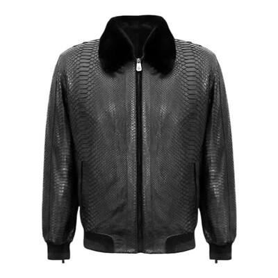 Men's Python Leather Jacket, Men's Black Python Embossed  Leather Biker - Image 1 of 3