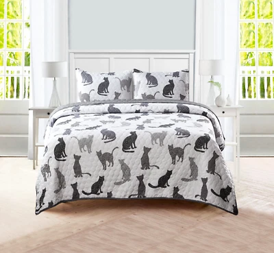 NEW! Sleeping Partners KITTY CAT Quilt Set 3 Piece Set Full Queen Size Gray Pom  - Image 1 of 4