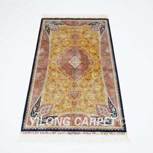 3'x5' Handwoven Silk Carpet Yellow Kid Friendly Luxury Floral Area Rug Z585A
