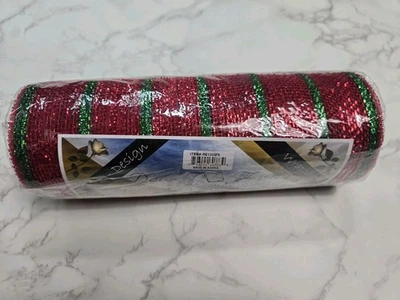 Fabric Decorative Mesh Poly 10.25"X 10 yd Red Green Christmas Heavy Foil Striped - Image 1 of 4