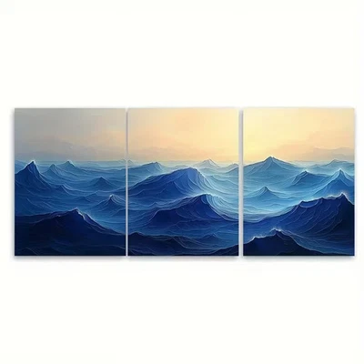 3pcs Abstract Geometric Sea Waves Metal Print Ready to Hang Art - Image 1 of 4