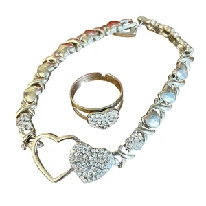 Silver Hugs Kisses Bracelet & Ring Set Girl Crystals Bling Romantic Jewelry Gift - Picture 1 of 9