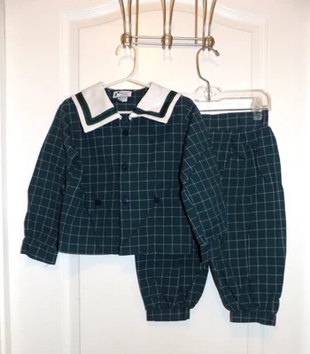 Vintage MONDAYS CHILD Blue Green Plaid 2pc Boys Outfit Sailor Collar Puff Pant - Image 1 of 4