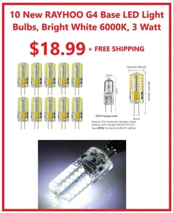 10 New RAYHOO G4 Base LED Light Bulbs, Bright White 6000K, 3 Watt - Picture 1 of 3
