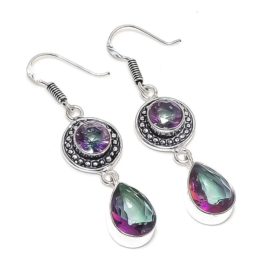 Mystic Topaz Gemstone Handmade 925 Sterling Silver Jewelry Earring Size 2.2'' - Image 1 of 1
