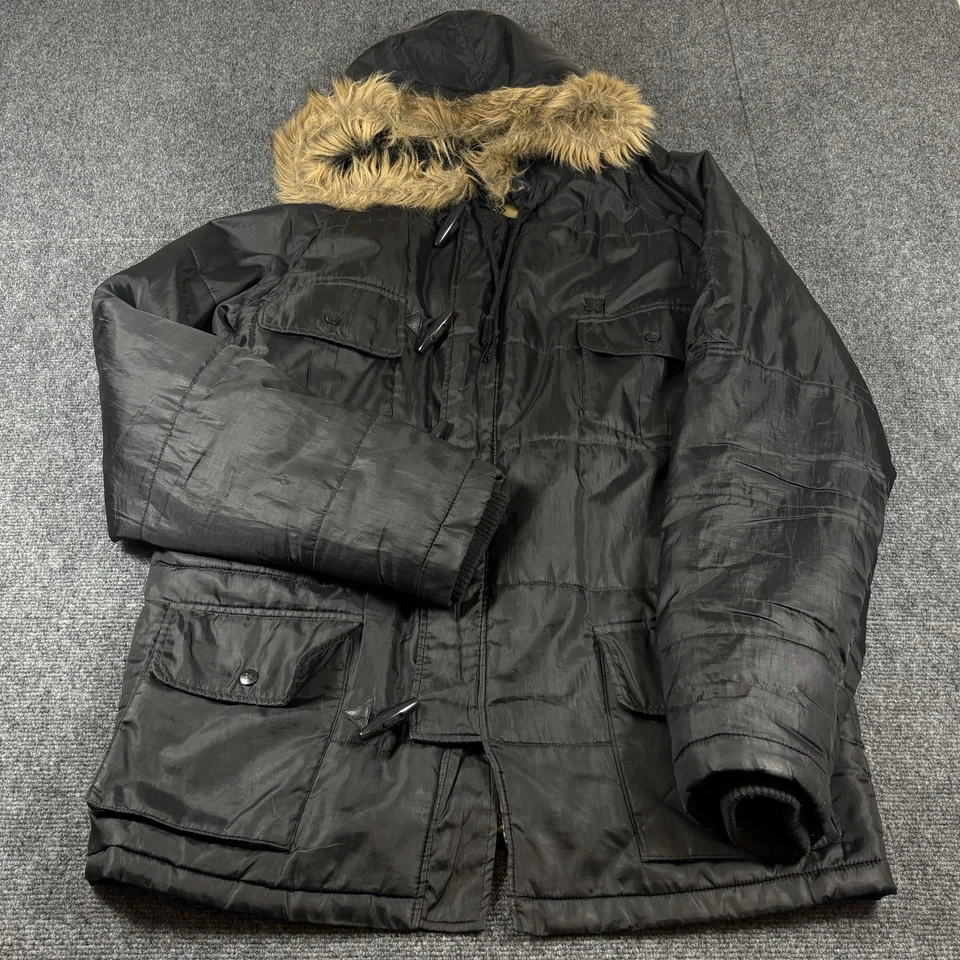 De colección Y2K Krew Monopatín Piel Sintética Forrada Capucha Parka Chaqueta Barril Botones Raro Foto 1 de 4