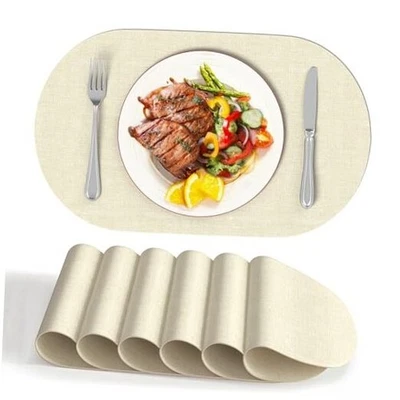  Placemats Set of 6, Oval Faux Leather Place Mats, Medium: 11.8" x 17" Beige Foto 1 de 4