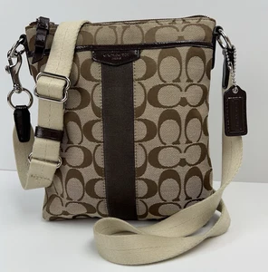 COACH Signature Jacquard Swingpack Crossbody C Logo Handbag Purse Tan Brown - Picture 1 of 24