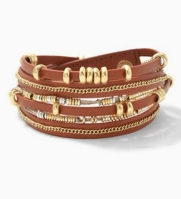 "Pulsera envolvente de cuero de maíz Stella & Dot cadena de cuentas de latón boho 6-7"" para mujer" Foto 1 de 4