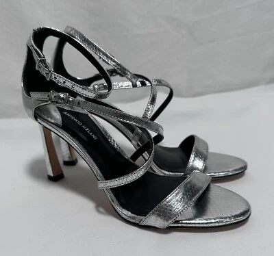 Sandalias Antonio Melani Tacones 7.5M Zapatos Zapatos Correa Cuero Stiletto Plateado $110 Foto 1 de 4