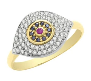 Gemstone Evil Eye Ring 9ct Yellow Gold 375 Hallmarked Sizes L - Q British Made - Picture 1 of 3
