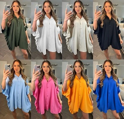 Women's Ladies Frill Trim Button Up Oversized Summer Tunic Shirt Mini Dress Tops - Image 1 of 3
