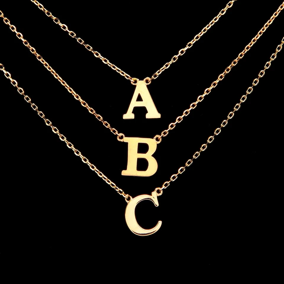 A-Z Initial Letter Pendant Necklace 14K Solid Yellow Gold Charm 16" Cable Chain - Image 1 of 4