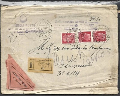 1940 RACCOMANDATA CON ASSEGNO DA CARRARA SU BUSTA RIUTILIZZATA X LIVORNO - Immagine 1 di 3