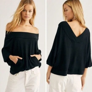 Free People Westend Oversized Waffle Knit Top Dolman Black size M Boho Resort - Picture 1 of 16