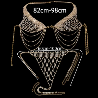 Fishing Net Crystal Chest Chain Set Tassel Rhinestone Bra Thong Set Rave Jewelry - Image 1 of 4