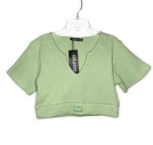 NWT Boohoo Cropped Short Sleeve Ribbed Top Gym Casual Green Women's Size 8 - Picture 1 of 12
