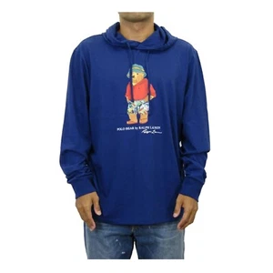 Polo Ralph Lauren Long Sleeve Hooded Polo Bear T-shirt with Preppy Bear - D Blue - Picture 1 of 3