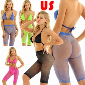 Set costume da bagno donna bikini strass reggiseno a rete trasparente con pantaloncini - Foto 1 di 33