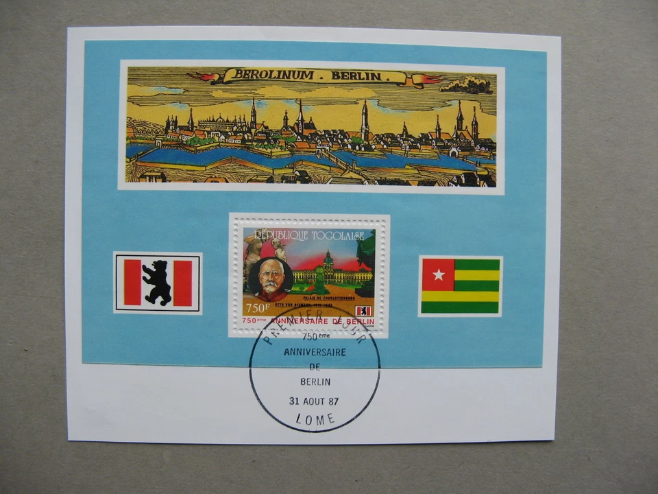 TOGO, S/S 750 years Berlin CTO FDC 1987, on paper fragment, flag building - Image 1 of 1