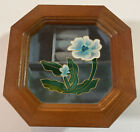 Mele 6.5" Octagonal Wood Jewelry Box Painted Blue Flower Glass Lid & Felt Lining