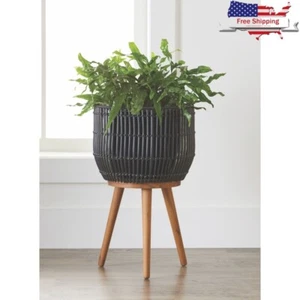 Round Resin Rattan Planter W/ Acacia Wood Stand Indoor Outdoor Use Woven Basket - Picture 1 of 5