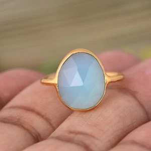 18k Yellow Gold Plated Aqua Chalcedony Gemstone Engagement Rings Gift For Her - Picture 1 of 11