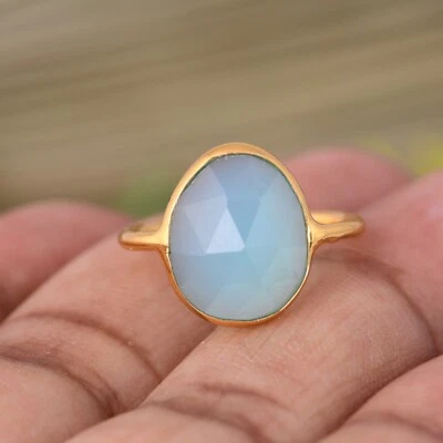 Anéis de noivado folheados a ouro amarelo 18k com pedra preciosa aquática presente para ela - Imagem 1 de 4