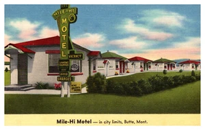 BUTTE, MONTANA - MILE-HI MOTEL AM STRASSENRAND - ALTE LEINEN-POSTKARTE - Bild 1 von 2