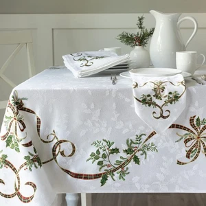 Merry Ribbons Engineered Printed Jacquard Fabric Christmas Table Cloth, for C... - Picture 1 of 9