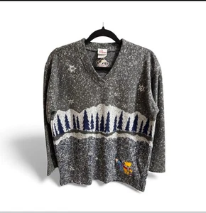 Vintage Disney Winnie The Pooh And Eeyore Winter Women's Small Gray Sweater - Picture 1 of 9
