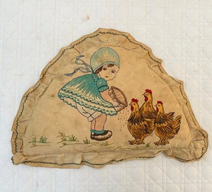 Antique Linen Pillow Embroidered Child on Farm Chickens Theme 1890s 1900 - Picture 1 of 7