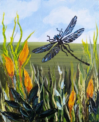 Dragonfly in Wild Grass Original 5x7” Oil Painting on Canvas Textured Nature Art - Image 1 of 4