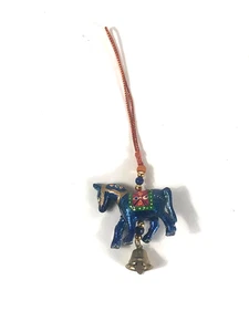 Vintage Hand-Painted Horse Charm Tassel Bell Ornament Blue Red Gold Bead India - Picture 1 of 6