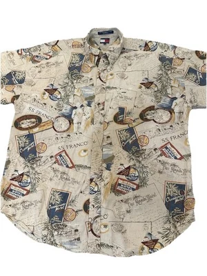 Camisa Tommy Hilfiger De Colección Para Hombres XL Con Botones Hotel Pasaporte Gráfico Lino Foto 1 de 4