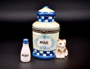 Vintage Trinket Box Milk Container Limoges Style Miniature Milk Bottle and Cat - Picture 1 of 4