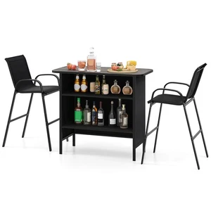 3 PCS Outdoor Bar Set Bar Height Table & Armchairs w/ Footrest 2-Tier Shelf - Picture 1 of 10