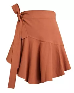 A.L.C. Minifalda Adelaide Frontal Envolvente Talla 12 Marrón Lino Volantes Corbata Cintura - Imagen 1 de 10