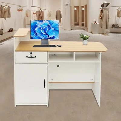 Modern Reception Desk w/Locking Drawer, Open Shelves White+Natural Finish 47.2in - Image 1 of 4