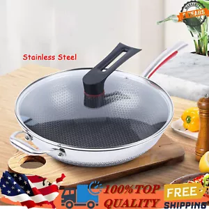 34cm Stainless Steel Non Stick Wok Pan With Lid Double-sided Honeycomb - Picture 1 of 10