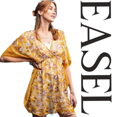 SML EASEL MUSTARD PRINTED CHIFFON LACE CONTRAST TUNIC Shirt/TOP/BLOUSE BHCS - Imagem 1 de 4