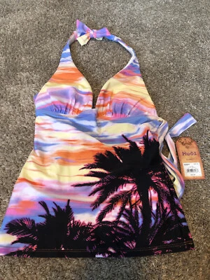 NWT Mudd Juniors Women Swimsuit Top XS Tropical Rainbow Palm Tree - Image 1 of 4
