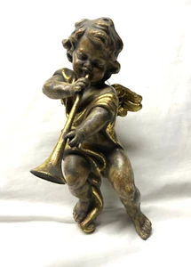 Vtg 50's Large 11" Gold Gilt Angel Cherub Blowing Long Horn Ornament/Decoration - Picture 1 of 9